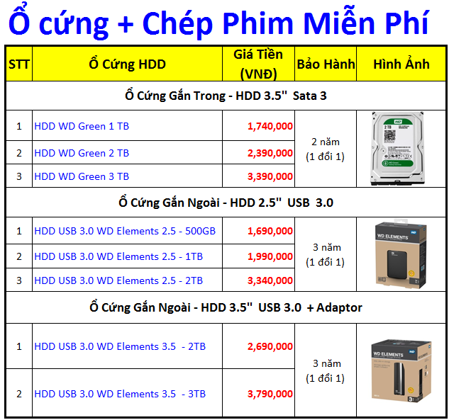 bảng giá ổ cứng di động 1tb, 2tb, 3tb